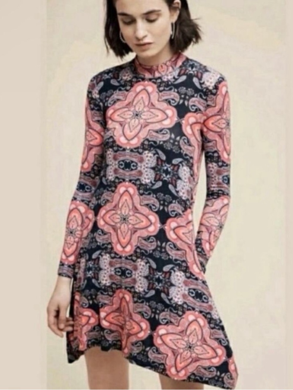 Anthropologie Maeve Paisley Print Long Sleeve Mock Neck Dress Size Medium